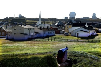 View of the city with churches and radar systems from Vardø Fortress, Finnmark, Norway