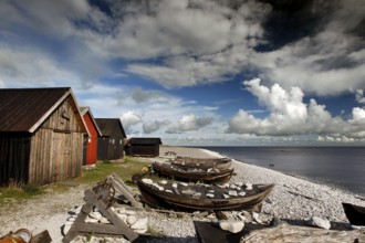 Traditional fishing sheds on Helgumannen beach, Helgumannen, Fårö, Sweden