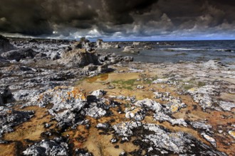 Limestone rock formations near Digerhuvud with rough coast, Digerhuvud, Fårö, Sweden