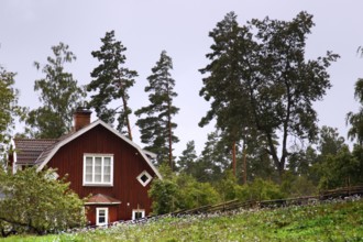 Red house surrounded by thick forests under overcast sky, Gibberya, Sweden
