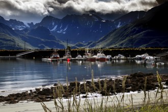 Fishing boats in Øksfjord harbour against mountain backdrop, Øksfjord, Finnmark, Norway