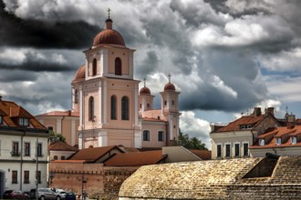 View of the Russian Orthodox Holy Spirit Church with dramatic clouds from Bastion, Vilnius,