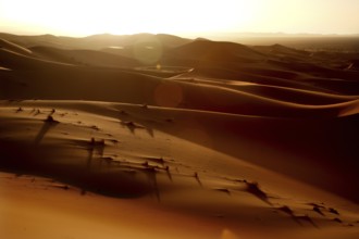 Sunset bathes the sand dunes of Erg Chebbi in golden light and shadow, Erg Chebbi, Morocco
