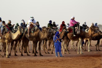 Large group of tourists on camels accompanied by Bedouins in the desert, Erg Chebbi, Morocco