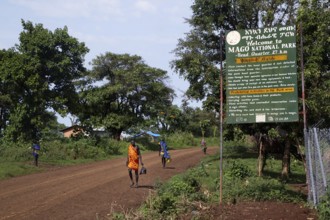 Entrance to Mago National Park with large information sign, Mago National Park, null, Ethiopia