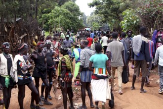 Busy market with people dressed in groups, Key Afar, Ethiopia