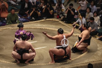 Yokozuna ceremony at Ryogoku Kokugikan with concentrated atmosphere, Tokyo, Japan