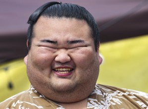 Sumotori smiling at a public event in Ryogoku, Tokyo, Tokyo, Ryogoku, Japan
