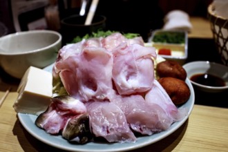 Fresh fugu ingredients for chiri stew prepared at the table, Shibuya, Tokyo, Japan