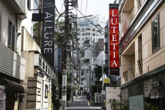 Urban alley with various building signs, Tokyo, zero, Japan
