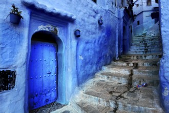 Narrow, blue street with Moroccan-decorated doors and a staircase in Chefchaouen, Chefchaouen,