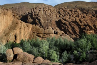 Impressive rock formations of the 'monkey paws' with dense vegetation at the foot of the gorge,