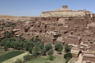 Panoramic view of the fortified clay settlement of Ait Benhaddou, Ait Benhaddou, Ouarzazate,