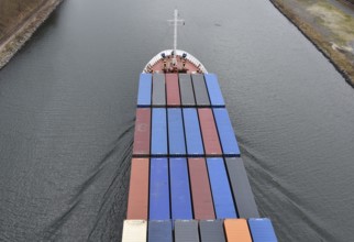 Aerial view, drone view of a container ship in the Kiel Canal, NOK, Kiel Canal, Kiel Canal,