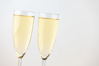Two champagne glasses against a bright background