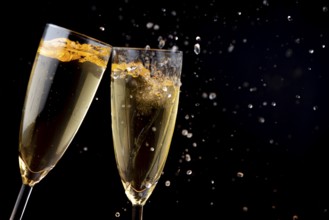 Two glasses of champagne touching each other with splashes against a dark background