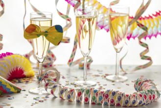 Three champagne glasses decorated with bows, surrounded by colorful confetti and streamers,
