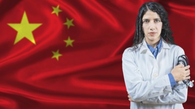 Chinese national health system, Medical professional on China flag background