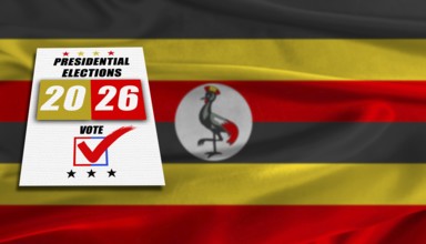 Uganda presidential elections with flag in the background. Uganda presidential vote 2026