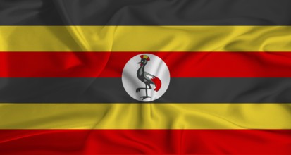 Realistic Uganda flag waving. Close up of flag of Uganda with cloth texture