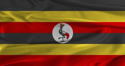 Flag of Uganda with fabric textured background. Close up of National flag of Uganda with realistic