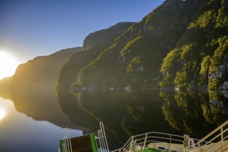 Tranquil fjord shore of Lyseford, illuminated by soft evening light with reflecting waters and dark
