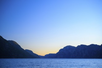Mountain landscape at Lysefjord in soft morning light with clear sky, Lysefjord, Rogaland, Norway