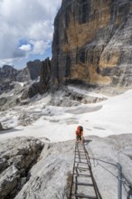 Mountaineer climbs on a ladder in the Via Ferrata Brentari via ferrata, spectacular mountain
