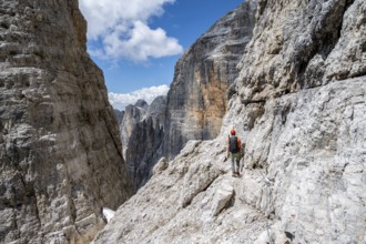 Climbers on the Via Ferrata Brentari via ferrata, spectacular mountain landscape with steep cliffs,