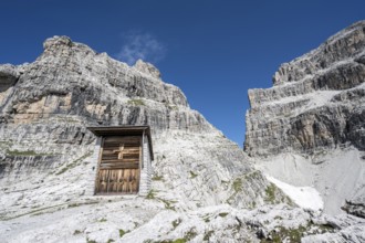 Mountain chapel at Rifugio Pedrotti mountain hut, Brenta Mountains, Brenta-Adamello Natural Park,