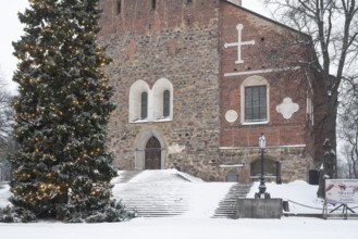 Christmas tree with fairy lights in front of stairs leading to the main portal, Turku Cathedral,