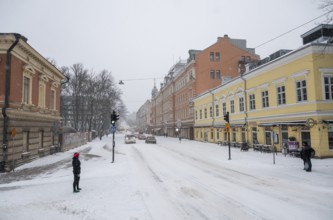 Historic buildings, Aurakatu, snowy roads, Turku or Swedish Åbo, Varsinais-Suomi, Finland