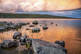 View of lakeside rocks illuminated by an intense sunset, Gutulia National Park, Engerdal,