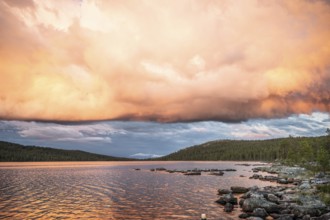 Evening cloud formation over Lake Gutulsjön illuminated by orange light, Gutulia National Park,