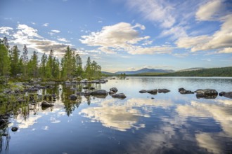 Mirror-clear water surface of the lake with reflection of trees and clouds, Gutulia National Park,