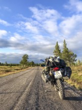 Idre, Dalarnas län, Sweden, BMW G 650 GS Sertao enduro motorcycle with complete camping equipment