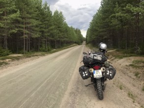 Torsby, Värmlands län, Sweden, BMW G 650 GS Sertao Enduro motorcycle stands on a secluded forest