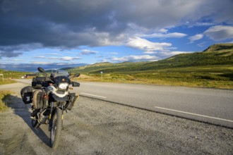Dalholen, Innlandet, Norway, BMW G 650 GS Sertao enduro motorcycle along a road in an open