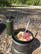 Hällefors, Örebro län, Sweden, outdoor meal on a camping stove with salami and noodles in the