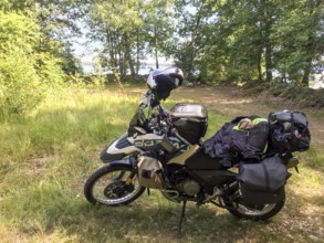 Kalvsvik, Kronobergs län, Sweden, BMW G 650 GS Sertao enduro motorcycle in the forest with packed