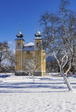 Snowy fruit trees with St. Lawrence Church in Sankt Lorenz bei Mondsee, Mondseeland, Salzkammergut,