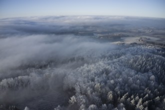 View over the Teutoburg Forest in winter near hoarfrost, Holland, Borgholzhausen, North