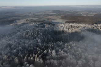 Borgholzhausen, North Rhine-Westphalia, Germany, aerial view of snow-covered Teutoburg Forest,