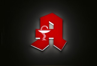 Night shot, logo, red neon sign, pharmacy sign with Aesculapian stick, Aesculapian stick,