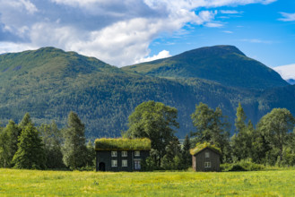 Two houses with grass roofs in a green landscape against mountains and a blue sky
