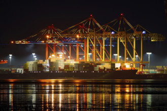 Industrial port at night with illuminated cranes and containers on the quay