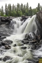 Powerful, foaming waterfall surrounded by trees through rough rocks