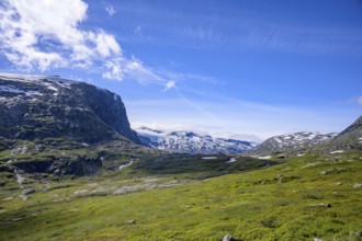 Geiranger, Møre og Romsdal province, Norway, green fields against snow-covered mountains under