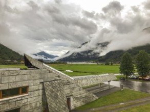 Fjærland, Vestland, Norway, concrete building of the Norwegian Glacier Museum Norsk Breecenter in a