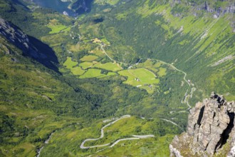 Geiranger, Møre og Romsdal Province, Norway, Winding road through green fields in a mountain valley
